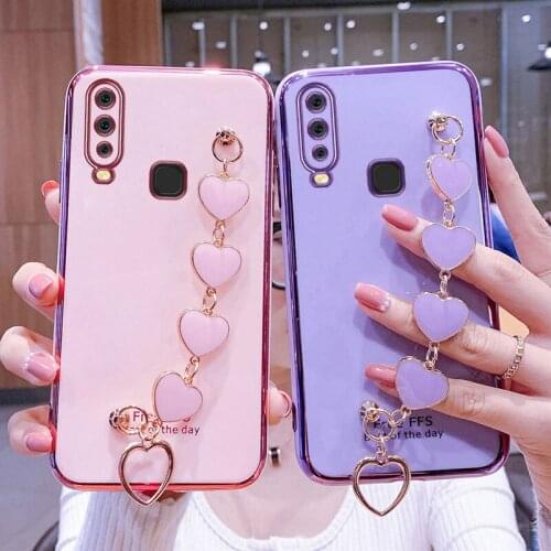 Wrist Bracelet Phone Case For Vivo Y12 Case Luxury Love Heart Chain Plating Cover Capa Vivo Y17 Y15 Y11 2019 Silicone Shockproof