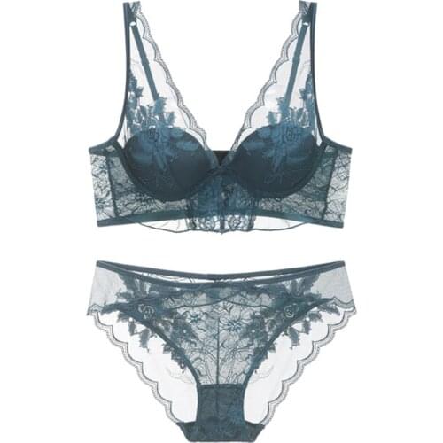 Flower Thin Cup Mesh Lace Bra and Panties Set V Neck Broadside Sexy Underwear with Push Up Women Lingerie Whie Black 2020 New