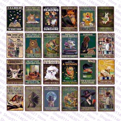 Pet Loves Read Books Metal Sign Retro Tin Sign for Library Family Bar Door Wall Decorator Shabby Chic Home Decor Wall Art