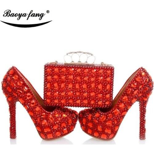 Luxury Red cyrstal wedding shoes with matching bags woman fashion shoes High heels Women party dress shoes Platform shoes