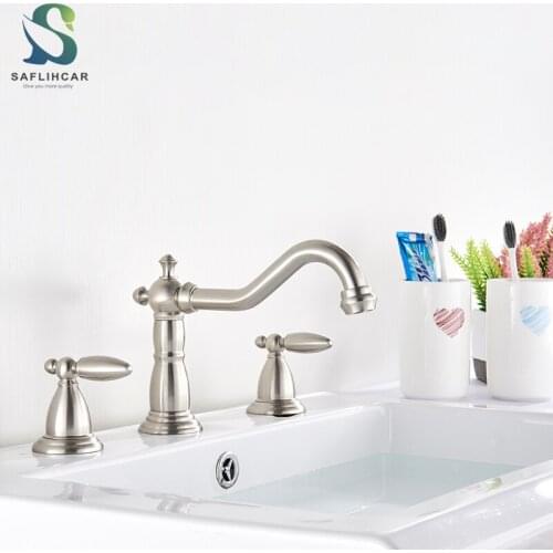 Brushed Nickel Bathroom Basin Faucet Hot and Cold Water Basin Faucet Double Handle Deck-mounted Bathroom Basin Sink Faucet