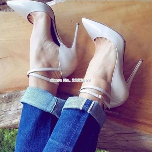 ALMUDENA Women Spring Summer Shallow Pointed Toe Pumps Buckle Strap Stiletto Heel Banquet Shoes Nude White Patent Leather Sandal