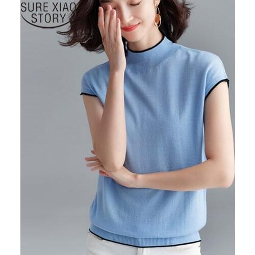 Women Knitted Shirt 2021 Spring Summer New Fashion Casual Pink Blue Shirts Solid Turtleneck Sleeveless Bottoming Tops 9439