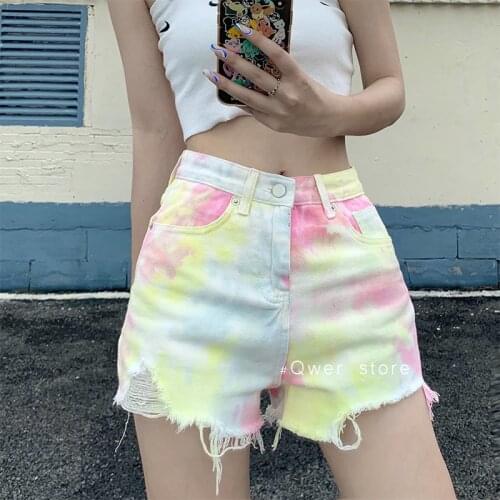 Womens Tie Dye Printed High Waist Denim Shorts Street Trend Casual A-neck Hot Pants Loose And Thin Y2K Womens Summer Shorts
