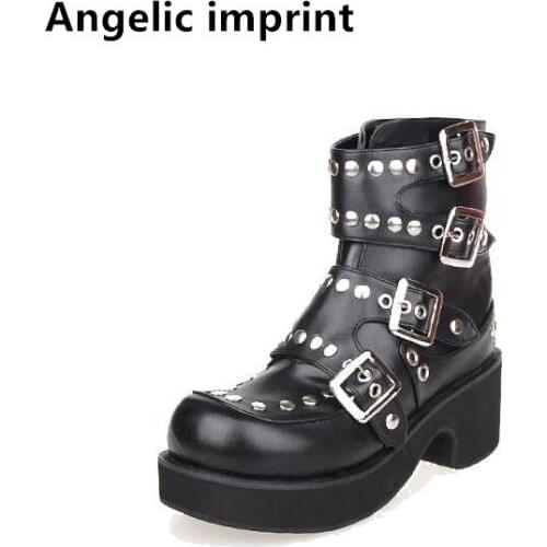 Angelic imprint mori girl Women motorcycle punk shoes lady high heels lolita ankle boots woman princess dress pumps 33-47 6cm