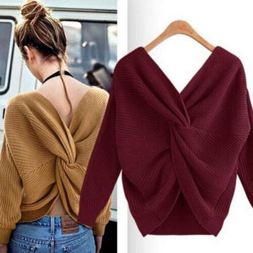 Ele-choices Autumn Winter Twisted Backless Women Solid Color Slim V Neck Sweater Jumper
