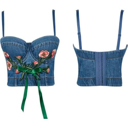 Women Washed Denim Bustier Bra Ribbon Bow Embroidery Slim Camis Corset Crop Top