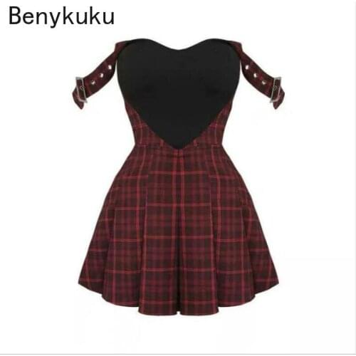 Summer Women Black Red Plaid Pleated Dress Backless Grunge Rock Punk Dress Gothic Girls Sexy Party Female Mini Short Dresses