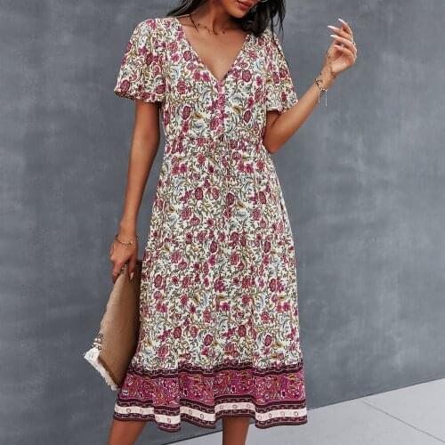 #S0 Vintage Bohemian Women Dress Spring Summer V Neck Short Sleeve Dresses For Women Casual Boho Beach Dress Robe Femme