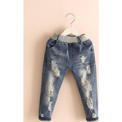 2018 Autumn Spring Fashion 2-7 8 9 10 Years Children Birthday Gift Elastic Long Trousers Washed Denim Baby Kids Girls Hole Jeans