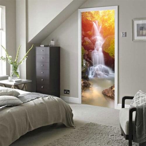 77x200cm Thailand Forest Waterfall Landscape Door Stickers For Living Room Bedroom Self Adhesive DIY Door Renew Decal Wallpapers