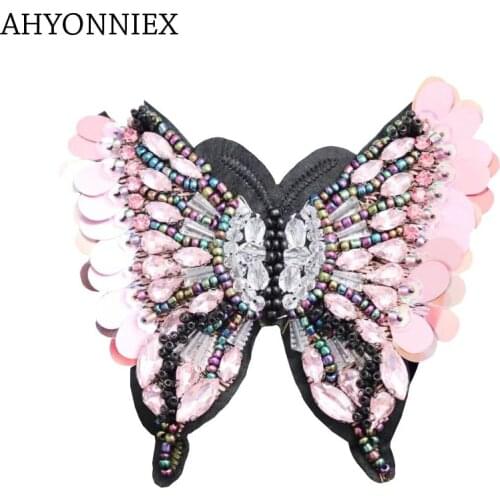 AHYONNIEX pink butterfly sequins rhinestones beads patches applique sew on beading qpplique clothes shoes bags decoration patch