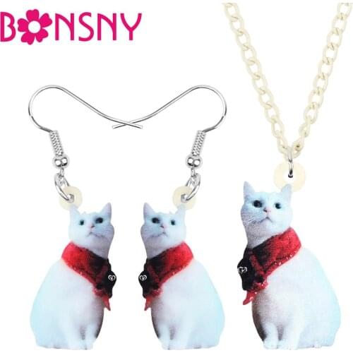 Bonsny Acrylic Christmas Scarf Wirehair Cat Kitten Jewelry Sets Necklace Earrings Animal Jewelry For Women Girls Gift Accessory