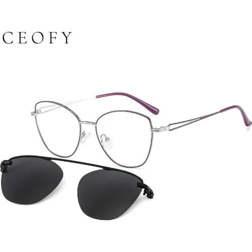 CEOFY 2 In 1 Magnet Polarized Clip On Glasses Cat Eye Frame Women Metal Optical Myopia Prescription Eyeglasses Frame For Women