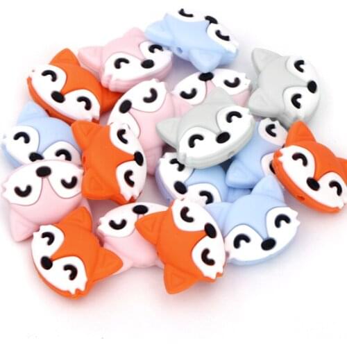 Chenkai 10PCS Fox Shaped Baby Silicone Beads Teether Baby Cartoon Teething For Baby Nursing Teething Necklace Pacifier Clips