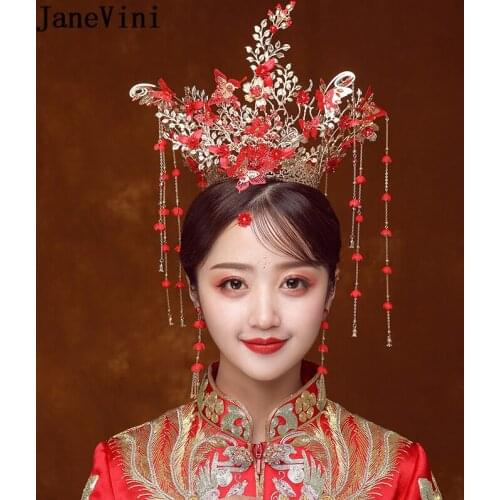 JaneVini Luxury Chinese Gold Bridal Crowns Beaded Costume Red Butterfly Hairpins with Earrings Wedding Jewelry Hair Accessories