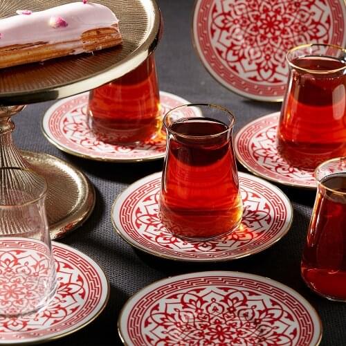 Karaca Ocha Red Traditional Pattern Modern Glass Cup 12 Piece Tea Set