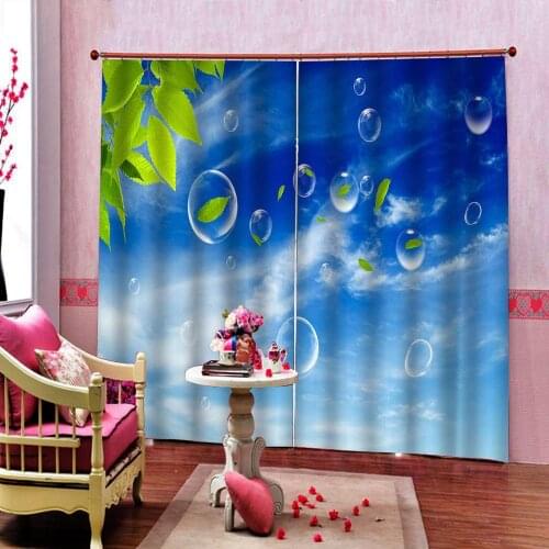Custom 3D Blue Sky White Clouds Green Leaves Curtain For Living Room Bedroom Bubbles Blackout Window Drapes Indoor Decor Sets