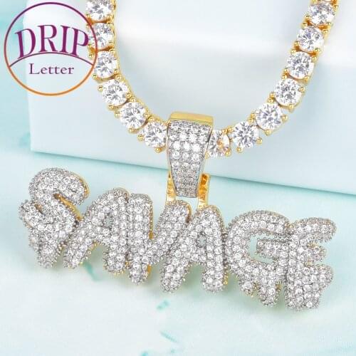 Combination Letter Pendant 4mm Tennis Chain Gold Color Cubic Zircon Mens Hip Hop Bling Necklace Jewelry For Gift