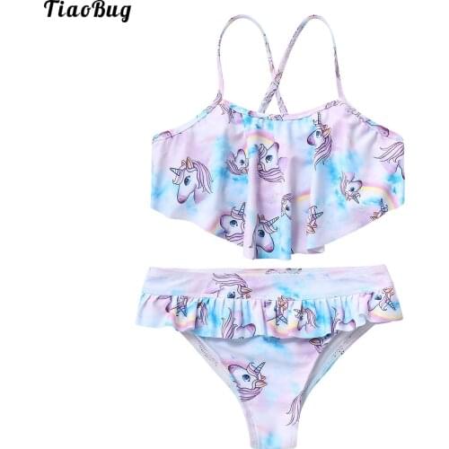 TiaoBug Summer 2Pcs Kids Girls Swimwear Bikini Suit Spaghetti Straps Criss Cross At Rear Ruffle Hem Tube Top With BottomSets