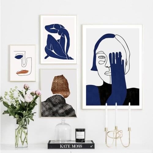 Minimalist Human Blue Style Wall Art Canvas Print Fashion Vintage Abstract Painting Picture for Living Room Home Decor