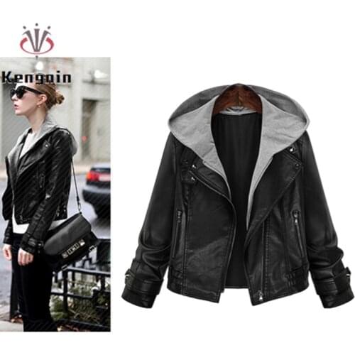 Fashion European Style Women Jackets Loose Oversized Hooded Ladies Basic Coats Fake Two Piece PU Leather Female Outerwear KE1905