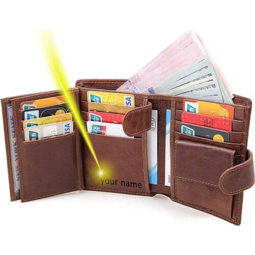 Top layer genuine leather men folded multi pocket card holder money wallet free laser engraving name picture