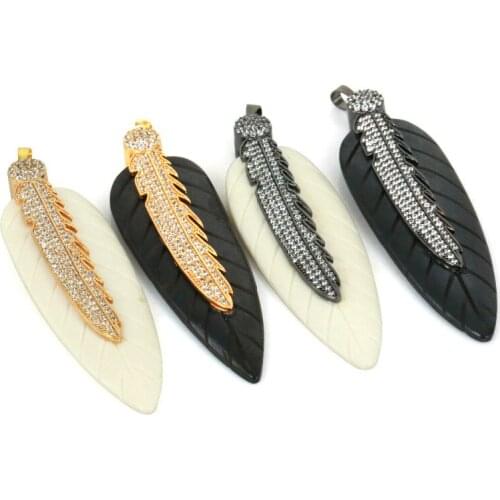 Whosale New Fashion Amazing Long Feather Bone Pendant Unique Design Hematite Bead Necklace With CZ Micro Pave Pendant Jewelry