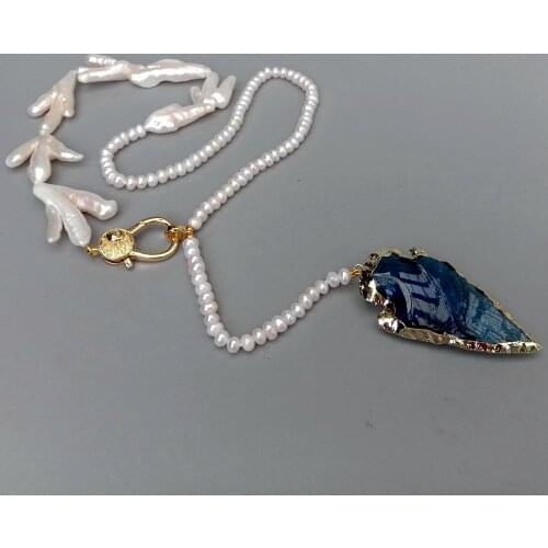 YYGEM Blue Quartz Arrowhead Pendant 21" Natural Cultured Freshwater Paw Shape Freshwater Pearl Necklace