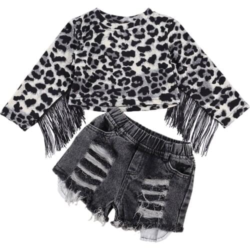 2 Pcs Infant Casual Outfits, Baby Girl Fringed Long Sleeve Round Neck Leopard Print Top + Side Pockets Ripped Shorts