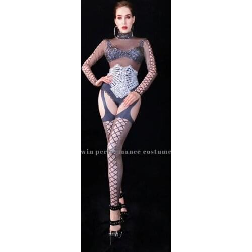Transparent Womens Birthday Celebrate Mesh Outfit Bar Women Dancer pantihose Sparkly Silver Rhinestones 10318