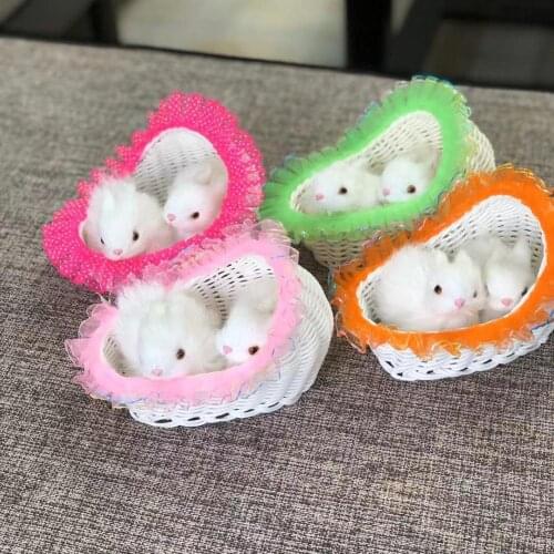 Realistic Furry Double Rabbit Figurine Sitting in Basket Home Decoration Tabletop Ornaments Easter Birthday Gift