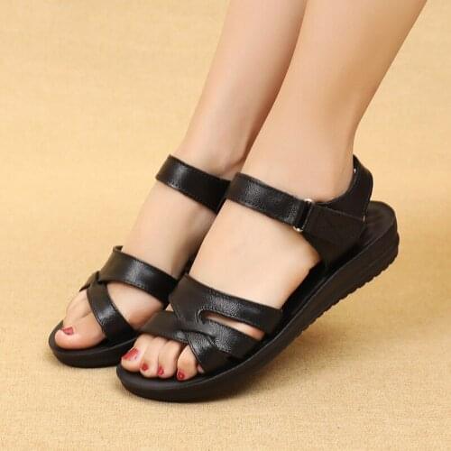 New Summer Peep Toe Sandals Cowhide Comfortable Flat Sandals Soft Leather Shoes for Women Big Size Summer Shoes