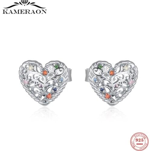 Heart Shape Tree of Life Jewelry 925 Sterling Silver Stud Earrings with Colorful Zircon for Women Statement Jewelry Brincos Gift