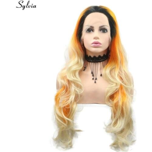 Sylvia High Temperature Fiber Natural Long Body Wave Orange Ombre Blonde Hair For Women Cosplay Party Synthetic Lace Front Wigs