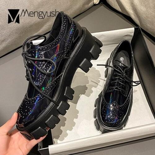 Creepers Japanned leather carved patterns brogue shoes women loafers platform shoes multicolor shiny lace up oxfords woman flats