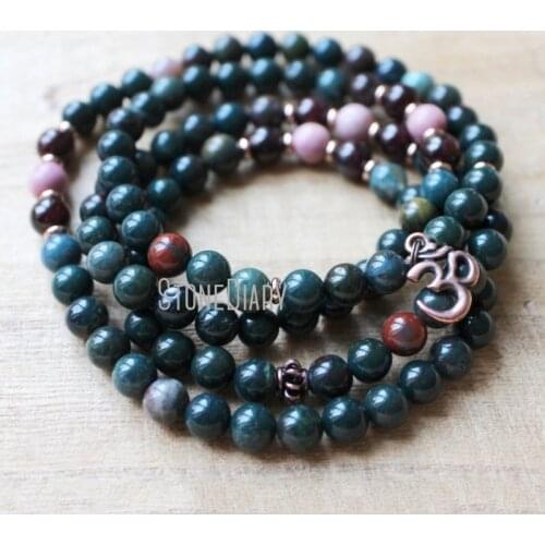 WMB36758 Bloodstone Garnet Rhodonite Wrist Mala 108 Sacred Crystal Meditation Yoga Jewelry Regeneration Healing Longevity Detox