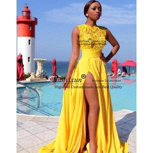 Bright Yellow Prom Dresses Side Split Chiffon Lace Appliques Dubai Formal Evening Gowns 2020 Sheer Sexy Prom Party Gowns