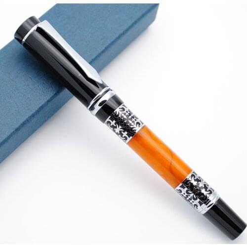 YIREN Luxury Celluloid Roller Ball Pen Beautiful Silver Flower Carving Rollerball Pen