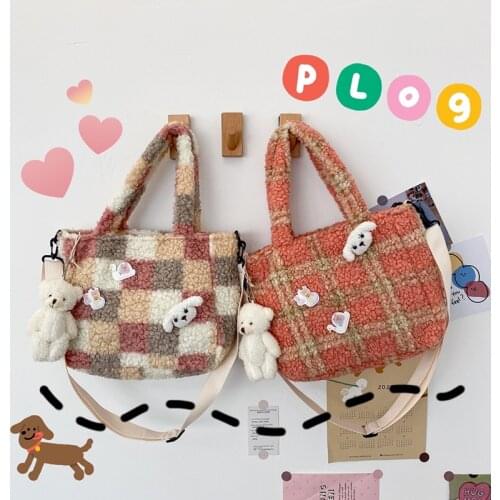 Womens Bear Pendant Shoulder Plush Bag Ladies Fashion Plaid Messenger Bag Female Stitching Color Handle Luxury Handbags