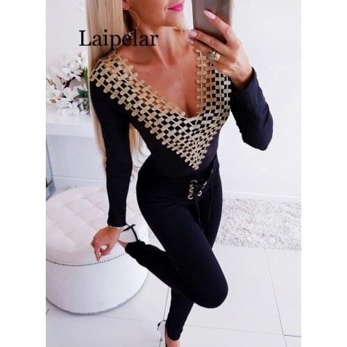 Women Bodysuits for Streetwear Patchwork Design Hollow Out Deep V Long Sleeve Solid Bodysutis Sexy Lady Autumn Slim Party Shirts