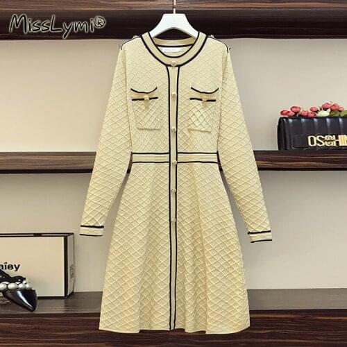 L-4XL Plus Size Women Elegant Sweater Dress Autumn 2021 Fashion O-neck Long Sleeve Patchwork High Waist A-Line Knitted Dresses