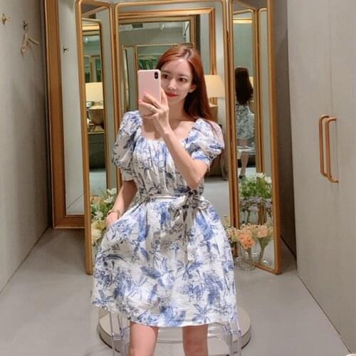 New arrival fashion beach dress women vintage puff sleeve elegant summer temperament work style sexy print a-line mini dress