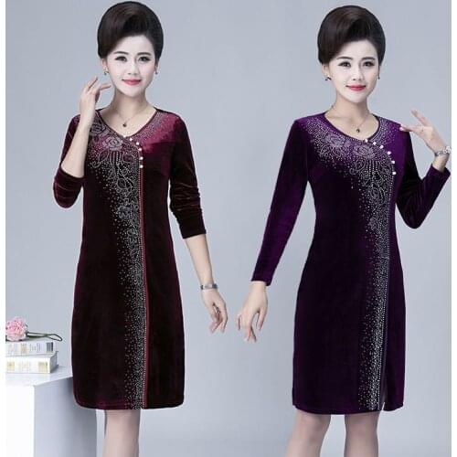 Women Golden Velvet Dress 2020 Ｎew Middle-aged Mother Autumn Winter Dress Plus Velvet/No Velvet Fashion Dress Cheongsam Dress A