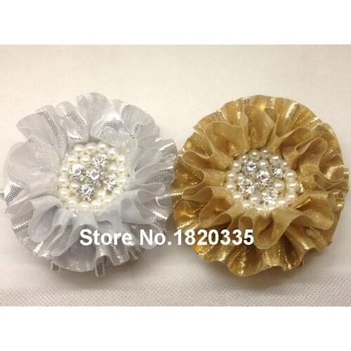 30pcs 3" DIY headband Flowers Shiny Gold shabby flower silver shabby flowers with rhinestone for headband XFH62