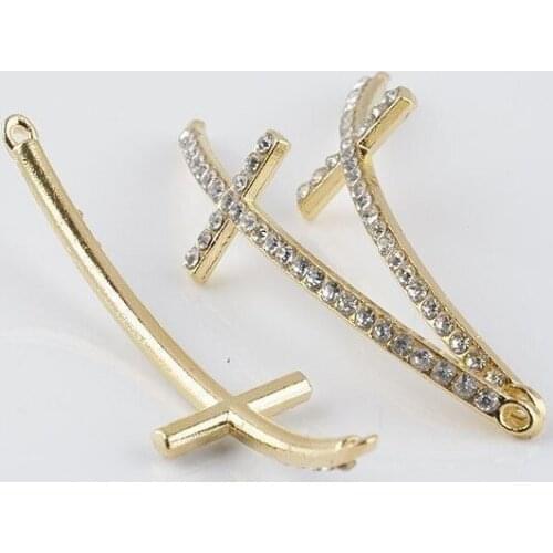 Free shipping! 15x52mm Gold plated Cross Rhinestone Crystal Bracelet Connector Beads Charms Findings