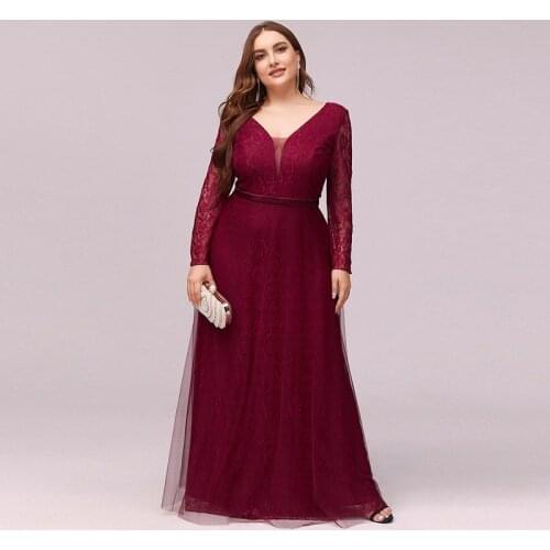Burgundy V-Neck Evening Dress Floral Print Floor-Length New Full Sleeves Zipper Back A-Line Plus Size Women Formal Gowns D1002
