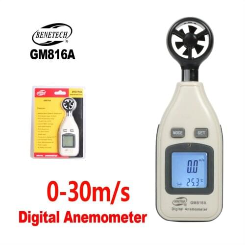 BENETENCH Anemometers LCD Digital Thermometer Anemometer Sensor Wind Speed Meter 30m/S (65MPH) GM816A Handheld Windmeter
