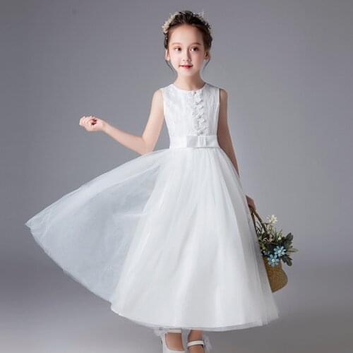 Flower Girl Dresses for Weddings Girl Party Dress Luxury White Stain Dress for Children Toddler Kids Wedding Gowns Flower Lace