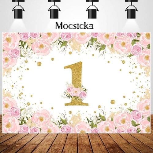 Girls First Birthday Party Backdrop Pink Floral Golden 1th Birthday Photography Background Cake Table Decoration Banner Props